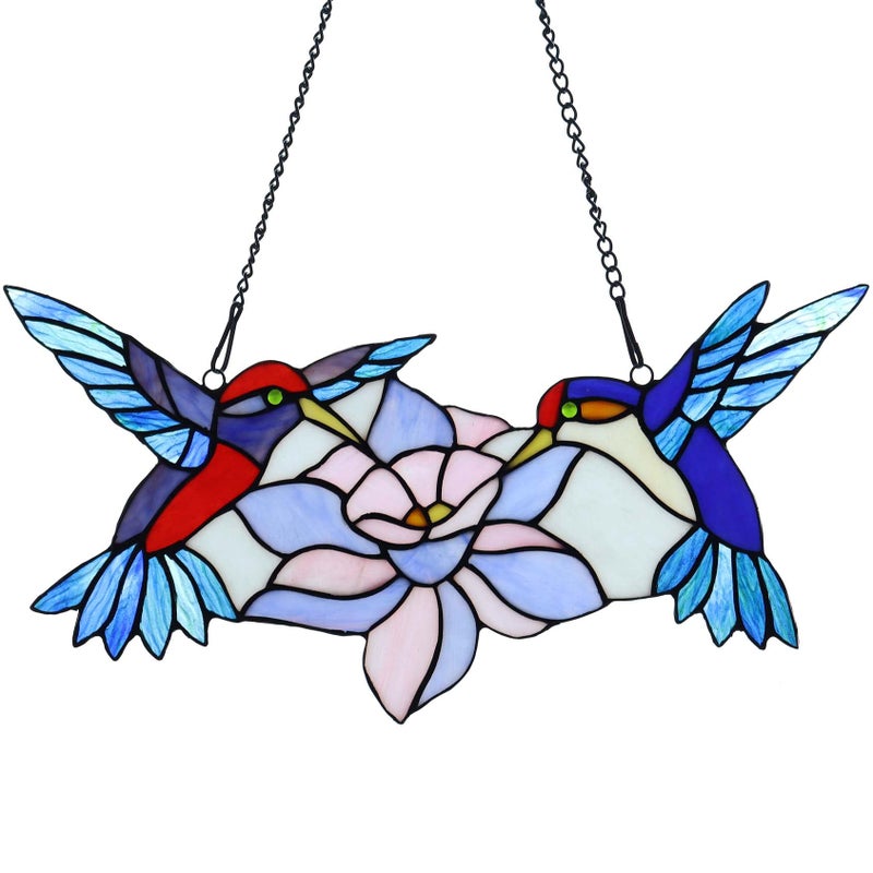 Bieye W10015 Hummingbird Flower Tiffany Style Stained Glass Window Panel Hangings with Chain, Blue, 18" Wide x 9" Tall - Image 1